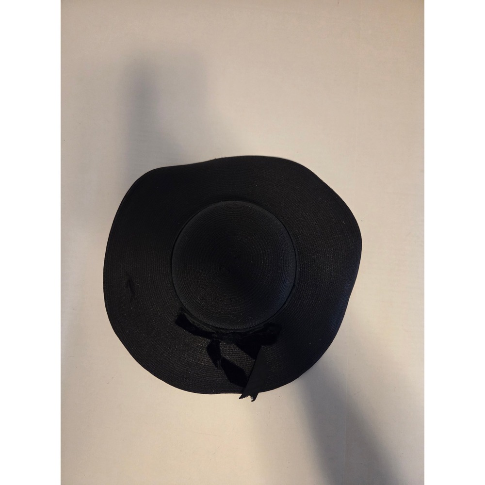 Vintage Style Black Wide Brim Sun Hat with Velvet Ribbon Bow Floppy Straw Hat - Picture 2 of 4